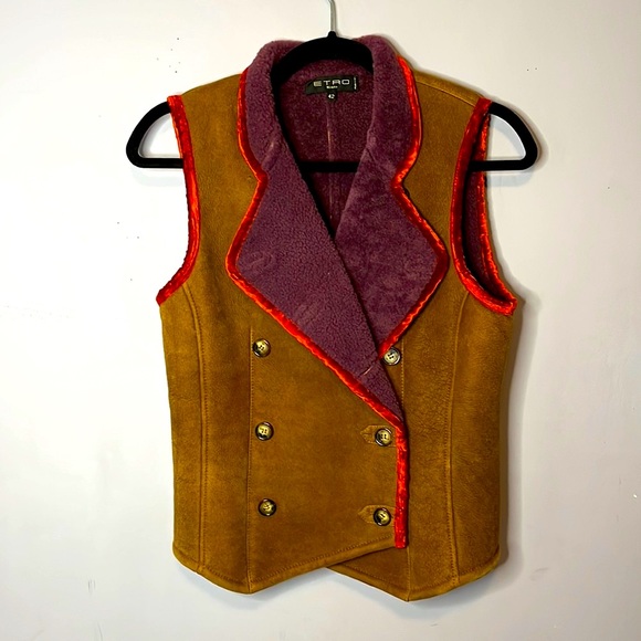 Etro Jackets & Blazers - Etro Purple Shearling Lined Natural Brown Suede Leather Red Velvet Trimmed Vest
